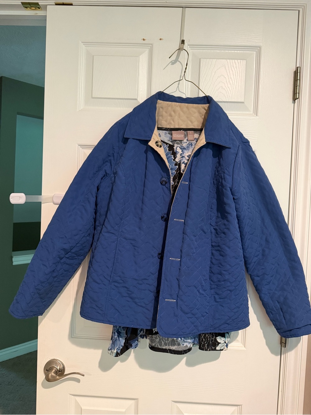 Chico's Reversible Quilted Blue Jacket with Contrasting Cream Collar